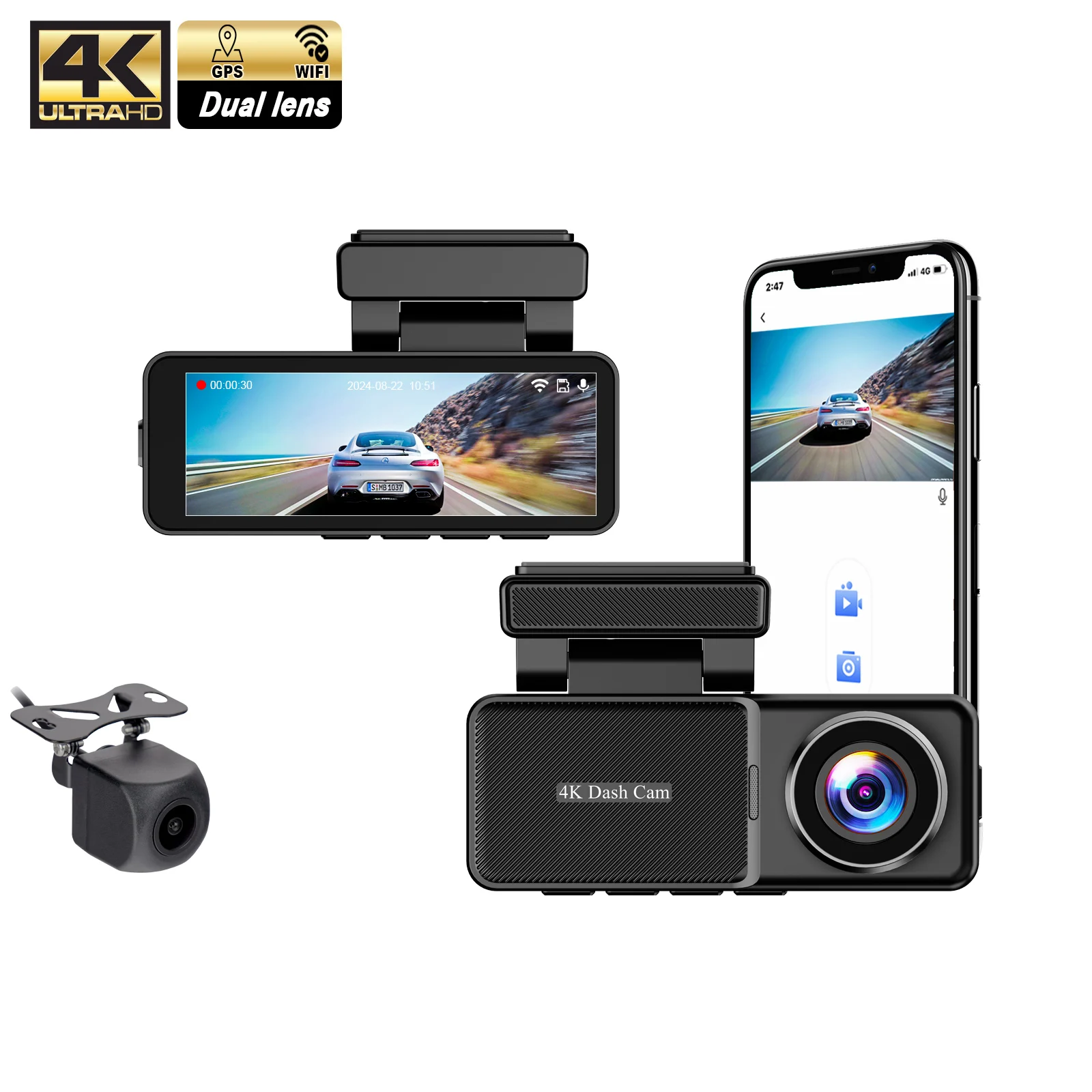 Manufacturer car camera 4K+1080P front and rear dual lens wifi gps dash cam 4k hd car black box dash camera car dvr 4k dashcam