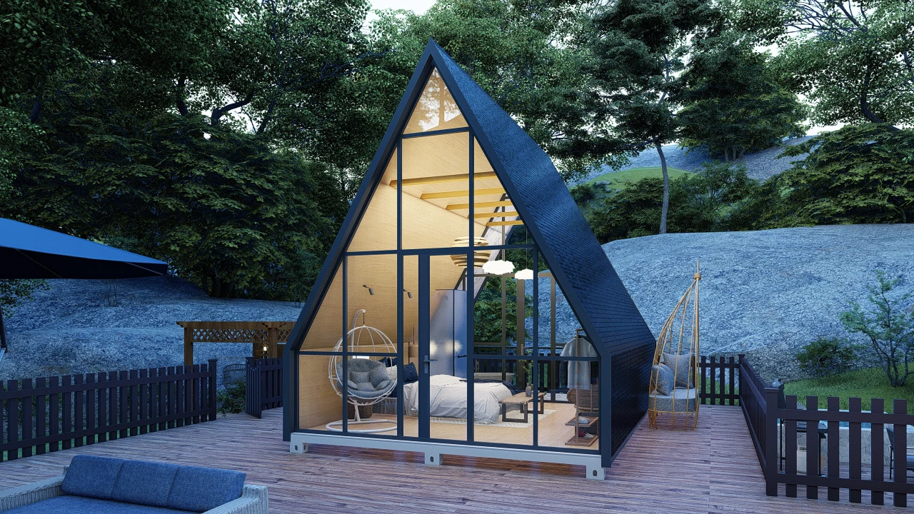 Low Cost Modern Modular flatpack Tiny Triangle Houses Kit A Frame Wooden Camper Hotel Home Resort container house