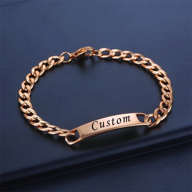 BINSHUO Wholesale Custom Bracelet Jewelry 18k Gold Plated Stainless Steel Cuban Chain Laser Engraving Custom Name Bar Bracelets