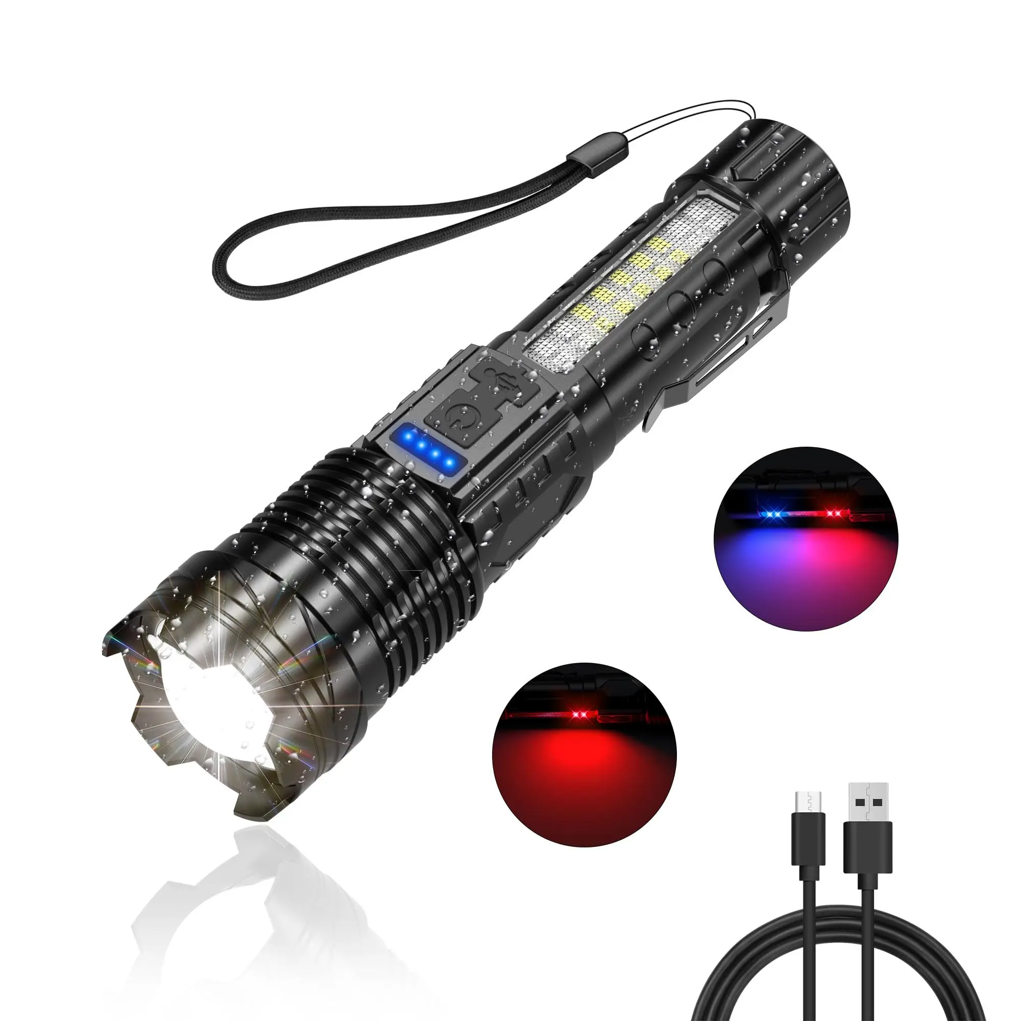 Rechargeable Flashlight with Clip USB Strong Light, Zoomable Beam LED Flash Light with 7 Light Modes and SOS for Emergencies