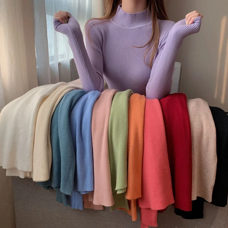 2021 New Fashion Women Girls Knitwear Stand collar Pullover Blouse Long Sleeve Solid Color Knit Slim Casual Sweater