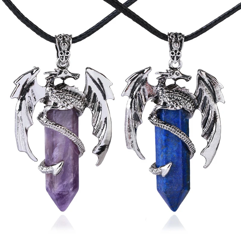 Dragon Shape Animal Natural Stone Pendant Man Necklace Reiki Healing Lapis Lazuli Amethyst Gem Hexagonal Crystal Pendant Jewelry