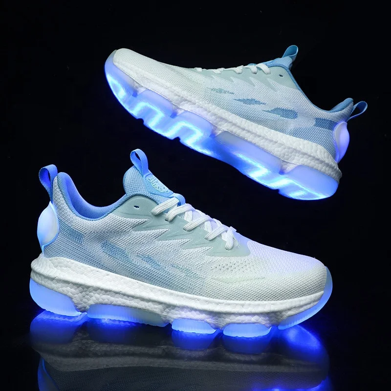 Wholesale fashion flight woven breathable shiny teenage student sneakers rechargeable light-emitting running shoes for kids