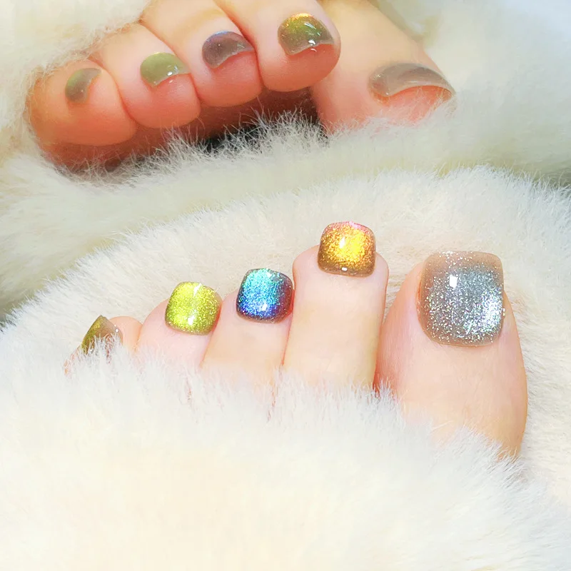 Wholesale price false toe nails high quality eye cat glitter artificial press on toe nails false nails foot