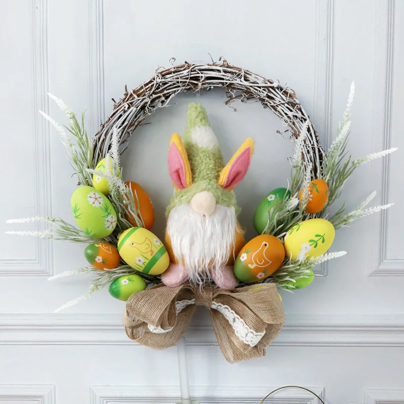 ZHH107 Fresh Nordic Home Decoration Artificial Colorful Egg Rabbit Doll Easter Festival Window Hanging Wreath