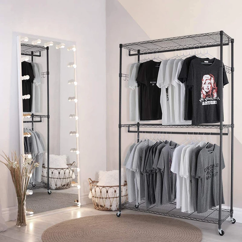 Garment Storage Shelf Clothing Rack with Double Clothes Hanging Rods and Lockable Wheels