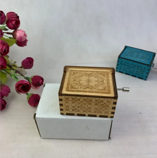 High quality mini hand crank wooden music box Laser Engraved letters
