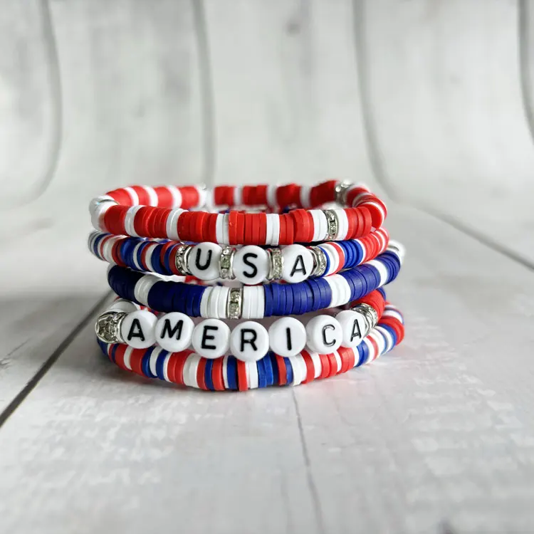 Rainbow Heishi Bracelets for Women 6 pcs/set Handmade Soft Polymer Clay American USA Flag Stretch Bracelet