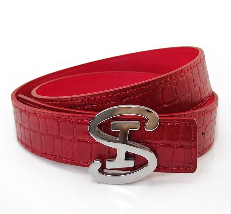 Factory Customize Logo Crocodile Pattern Fake Embossed Faux Leather Belt with Plain Letter Buckle