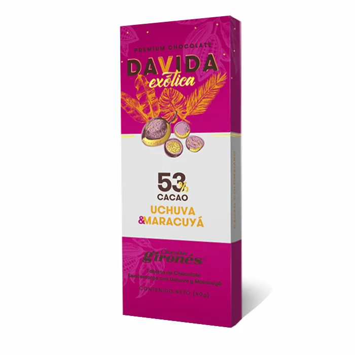 DAVIDA Wholesale Semisweet Extra Quality Chocolate Bar 53% Colombian Cocoa with Colombian Goldenberries and Passion Fruit