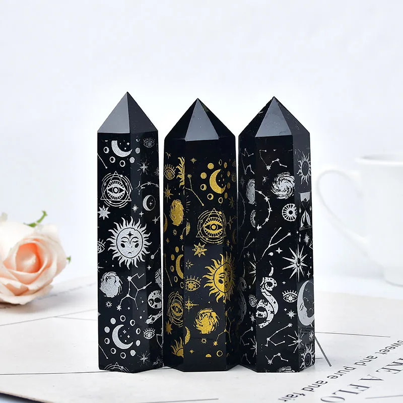 Natural Crystal Carved Obsidian Star-Moon Crystal Tower Crystal Point Healing Stone Hexagonal Obelisk
