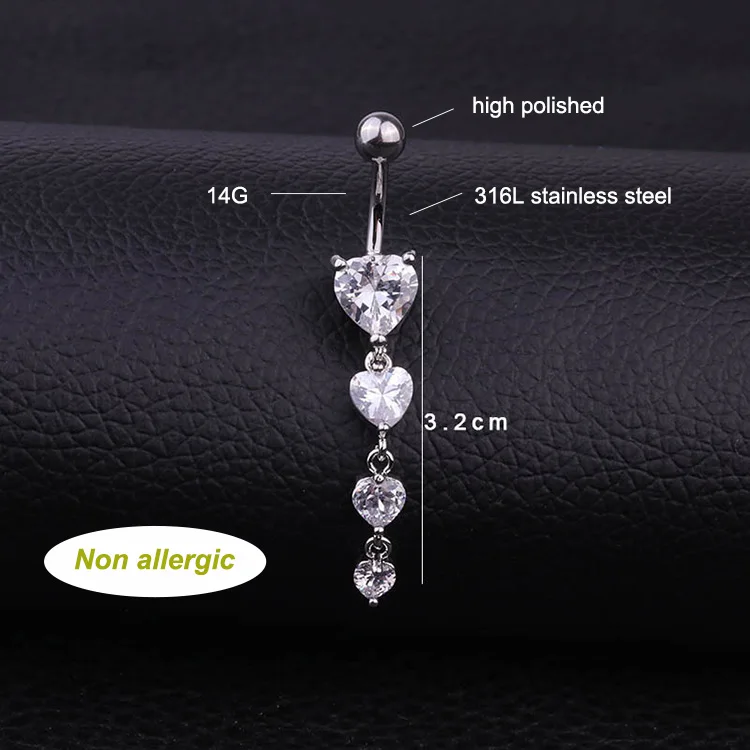 stainless steel CZ heart dangle navel ring belly dance costume women, belly piercing jewelry