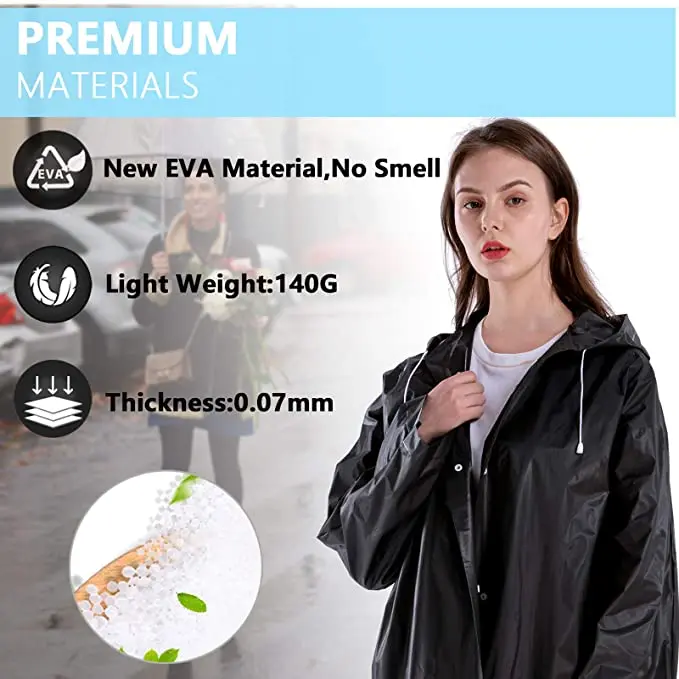 Long Translucent Rain Poncho Adults EVA Reusable Raincoat Emergency Rain Gear Jacket Hood Elastic Sleeve waterproof