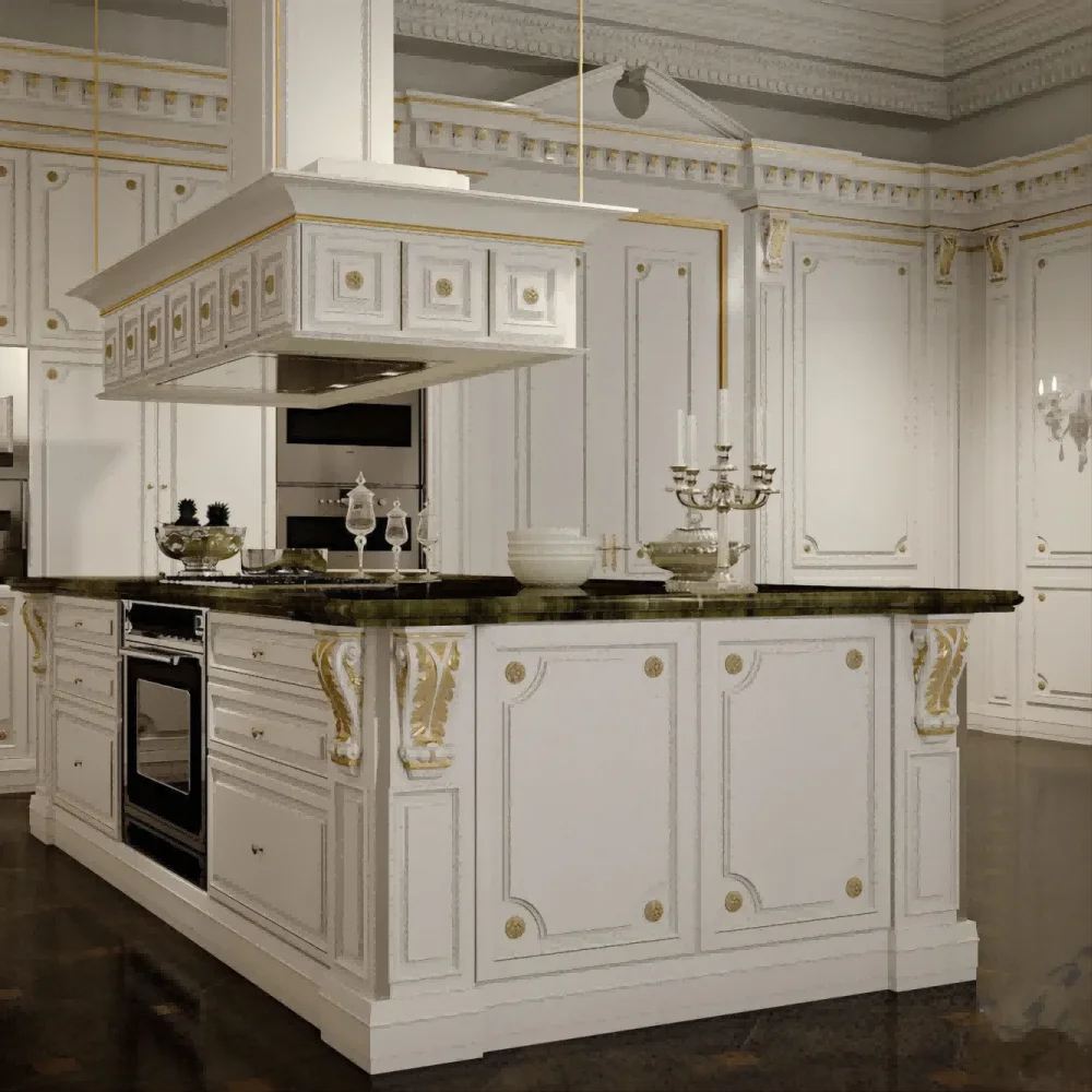 CBMmart High end Antique style modular luxury solid wood kitchen with island designs cabinet with gold line