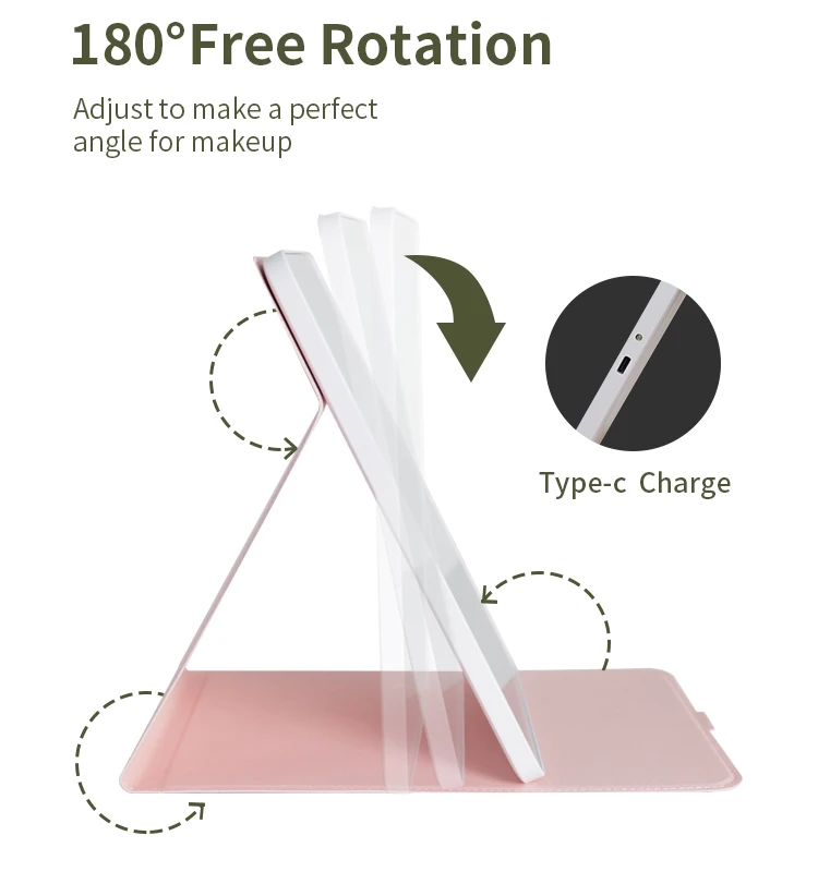 Touch Screen Three Colors Dimmable Lighted Makeup Mirror Compact Foldable Travel Mirror with PU Case