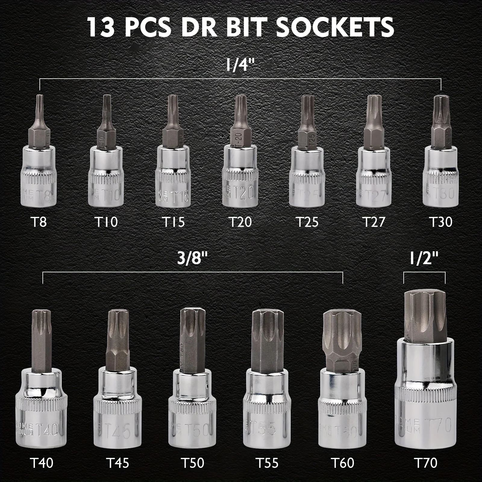 GTYPRO 13pcs Torx Bit Socket Set T8-T70 CRV Star Sockets Wrench 1/4 3/8-1/2 Drive Hand Tools Cars Trucks Chrome Finish Metric