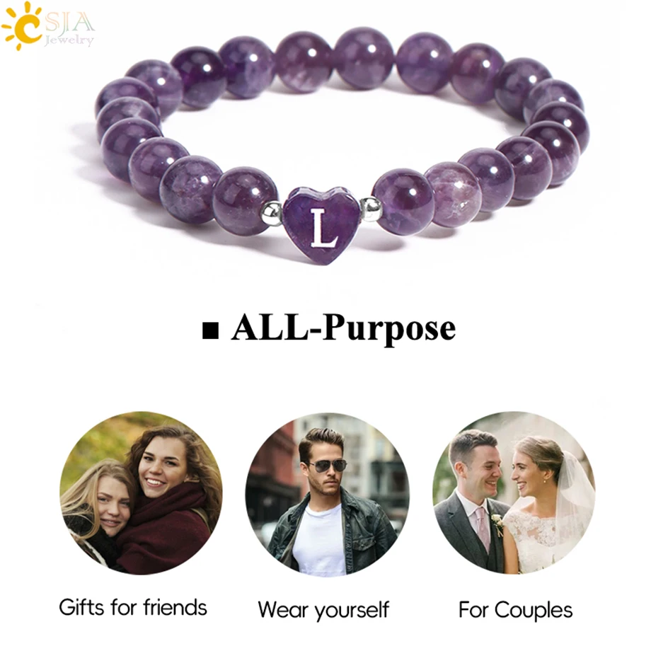 Amethysts Obsidian Rose Quartz Bracelet 26 Letter A-Z Initial Heart Shape 8mm Crystal Beads Real Natural Stone Bracelet  H283