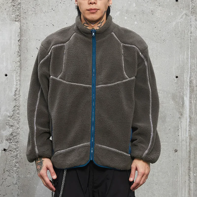 Oem High Quality Winter Woolen Fleece Color Block Seam Line Zip Up Casual Sweatshirt Jacket Mens Fluffy Jacket