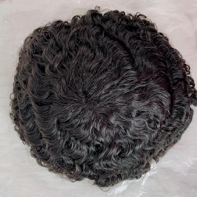 Factory stock Australian lace PU base jet black Afro Curl 4mm 6mm 100% Real Human Hair Males Unit for Black Men wig Toupee