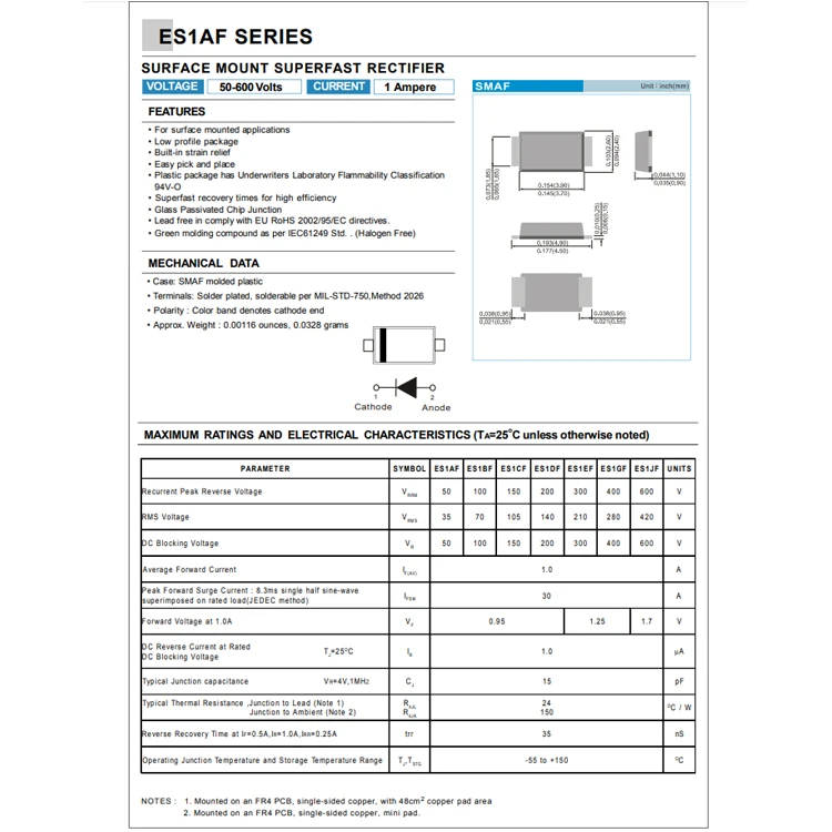 SMD Diode ES1JF 50 MIL Surface Mount SMAF M7F 50 MIL SMAF 50 MIL SS34F Diodes