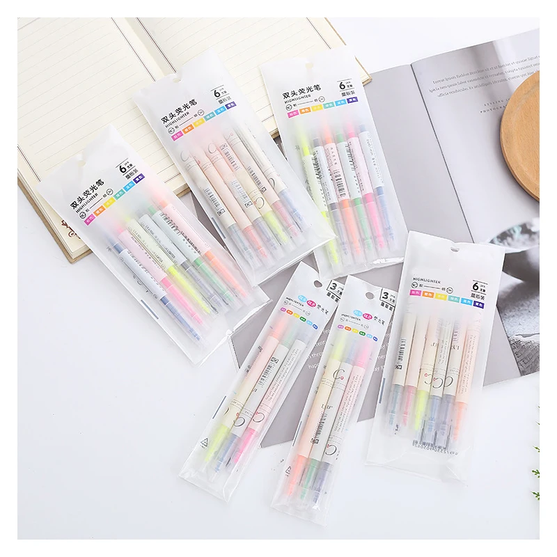 Custom Office stationery Highlighters Pen Set colorful double nibs Transparent pen holder School supply Highlighters Pen