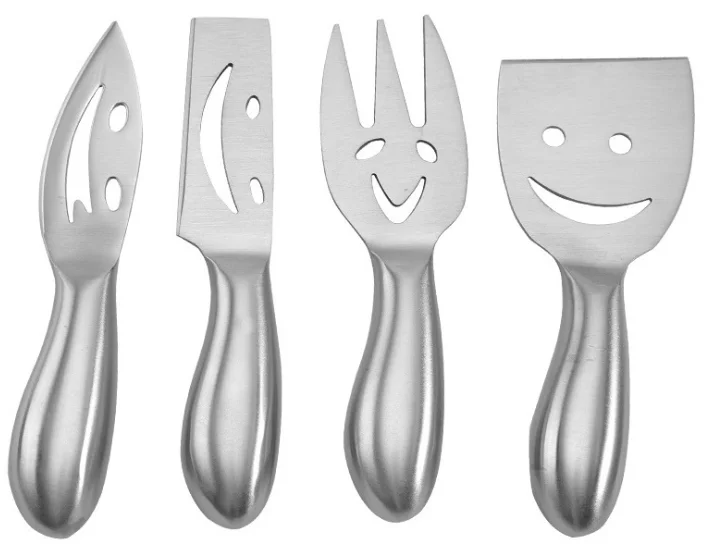 Stainless Steel 4 Pieces Smiling Faces Cheese Knife Set: Hard and Soft Cheese Knives, Serving Fork & Cheese Spreader