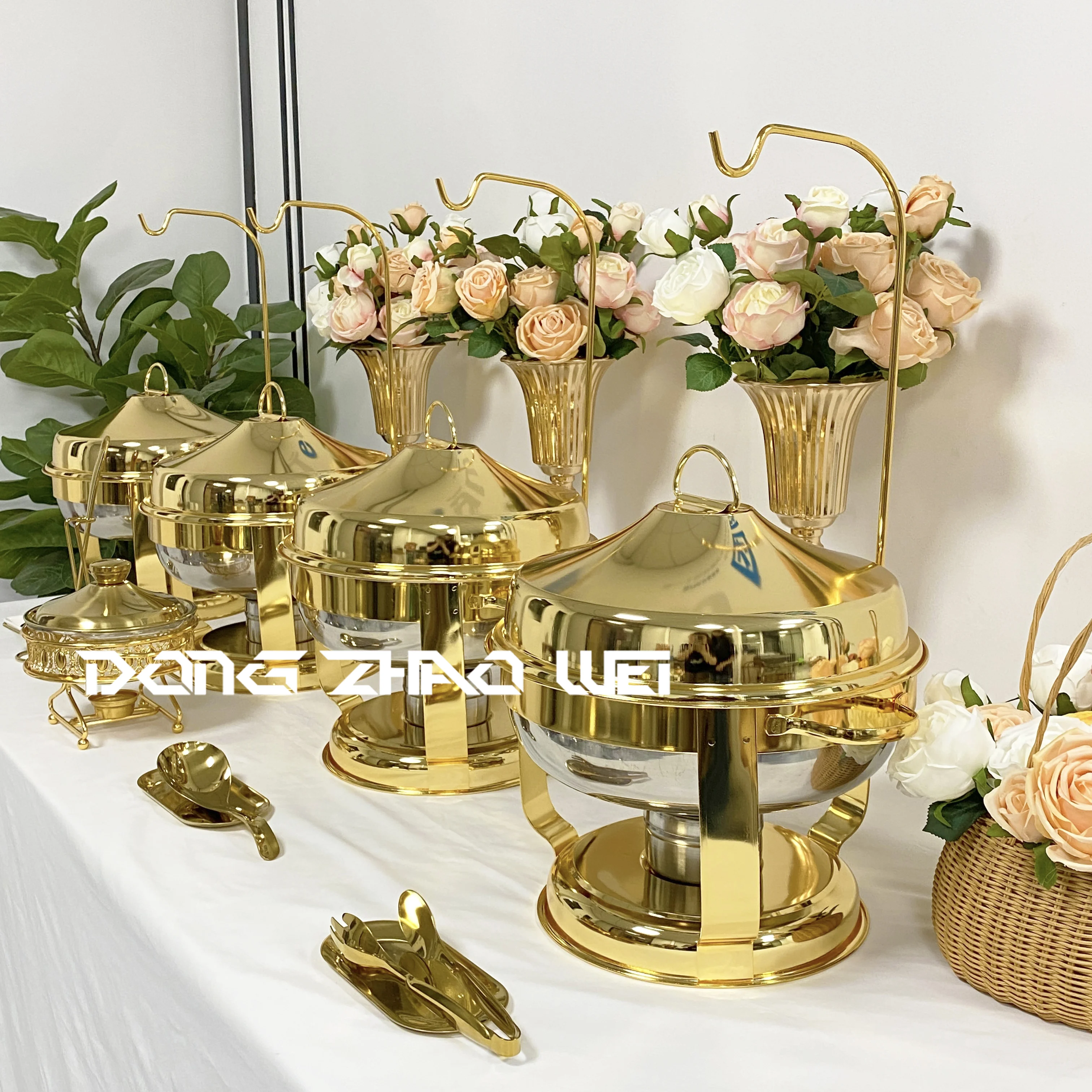 Hotel Wedding Banquet 4.5L~9.0L Stainless Steel Food Warmer Gold and Silver Buffet Alcohol Heating Round Chafing Dish