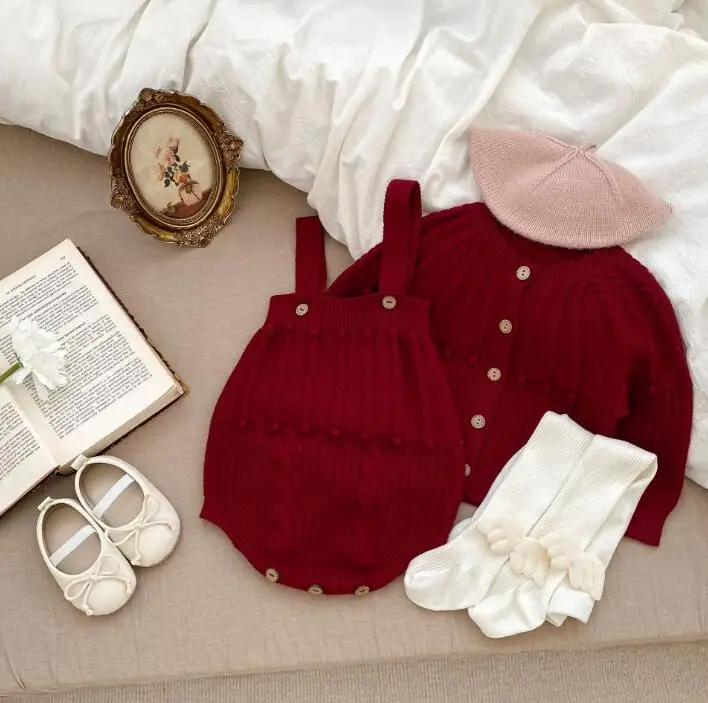 Custom New born  Cotton Winter Clothes flower Baby Long Sleeves Knit with baby rompers with sweaters newborn rompers sweater set