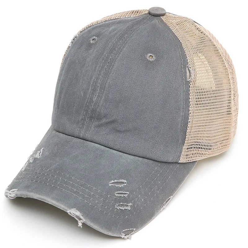 2024 new arrival womens ponytail washing cotton vintage old looks mesh baseball cap with custom logo