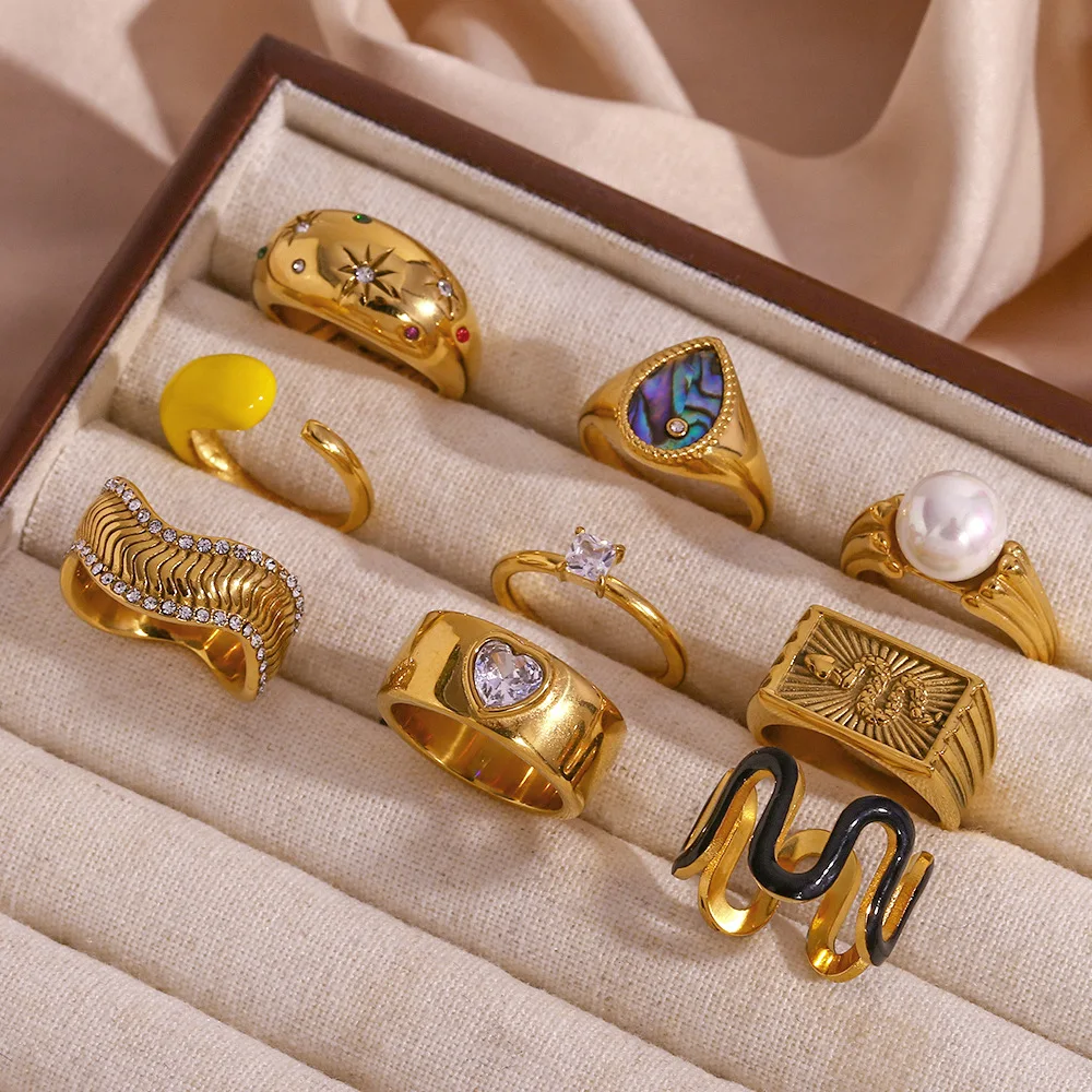 Wholesale Fashion Luxury Women Rings Zircon Pearl Enamel Chunky 18K Gold Stainless Steel Women Ring