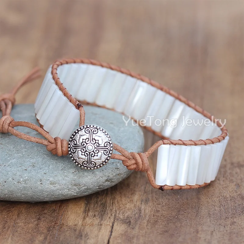 Bohemian Tube Beads Natural Stone Turquoise Leather Wrap Bracelet Women Unisex Multi Colors Handmade Gemstone Jewelry Wholesale