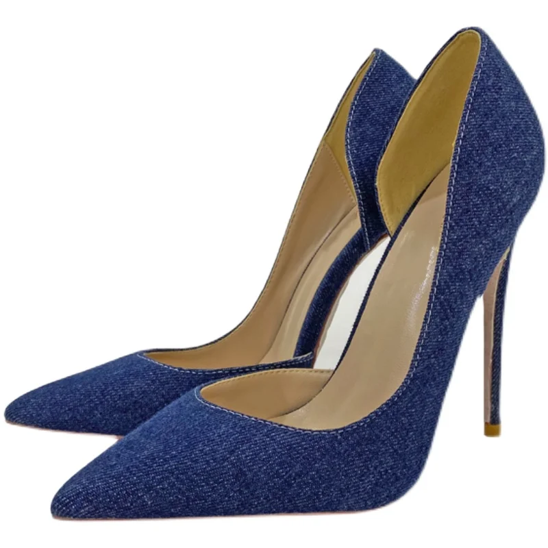 Orange Denim Sexy Female Leather Shoes Personality Woman High Heel Shallow Mouth Big Size 33-46