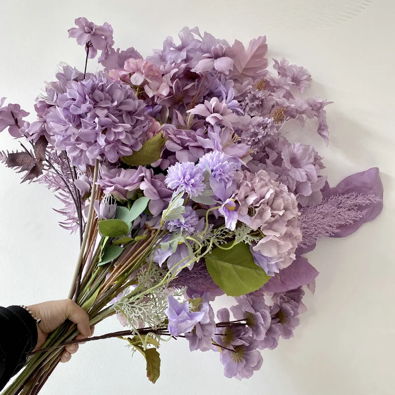Purple Series Wedding Decoration Hydrangea Artificial Flowers Bouquets Lilac Peony Rose Flowers Wholesale Faux Flowers