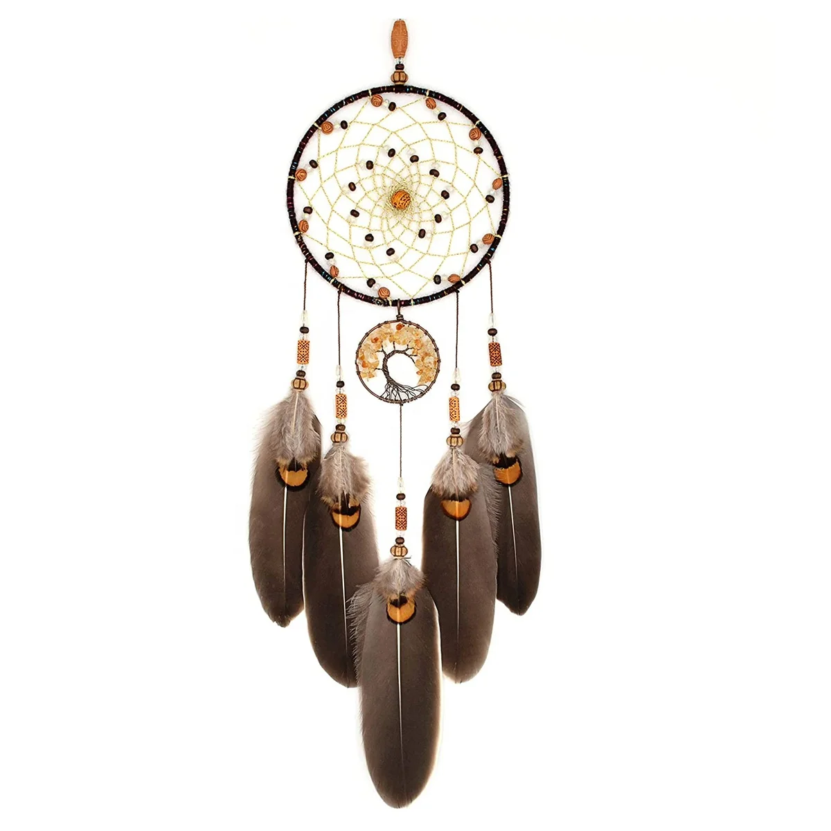 Handmade Tree of Life Dream Catchers with Feathers Wall Hanging Home Decor Crystal Stone with black Feather