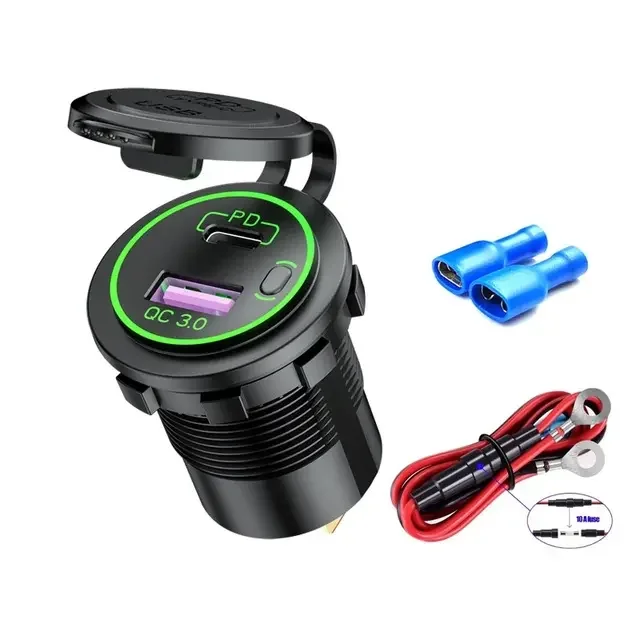 PD Type C USB Car Charger Switch QC 3.0 Quick Charger 36W Charger Power Delivery Voltmeter With 10A Fuse 60cm Cable