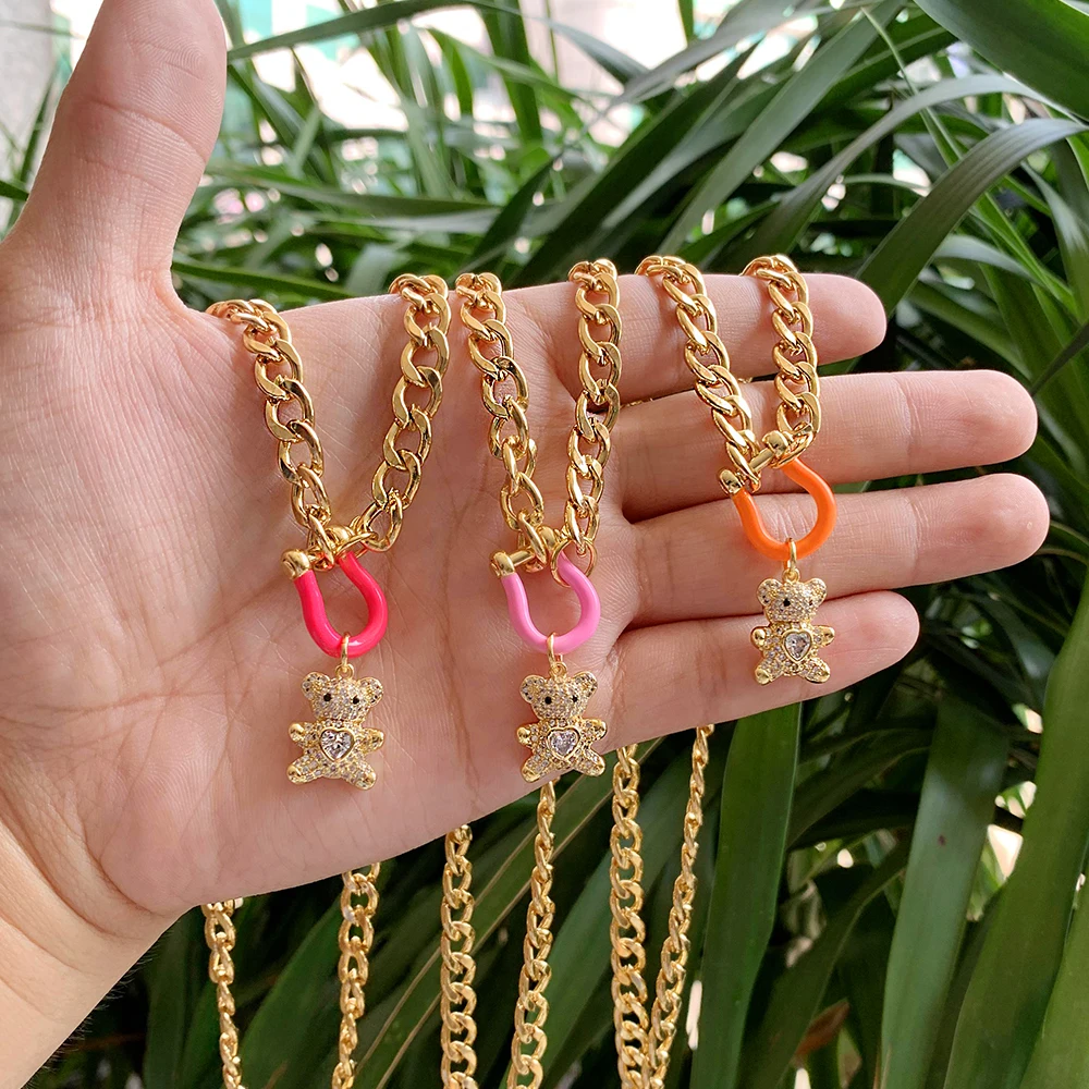 Luxury Gold Plated Zircon Mini Bear Pendant Cuban Chain Colorful Enamel U-Connector Necklace Cute for Women Jewelry Wholesale