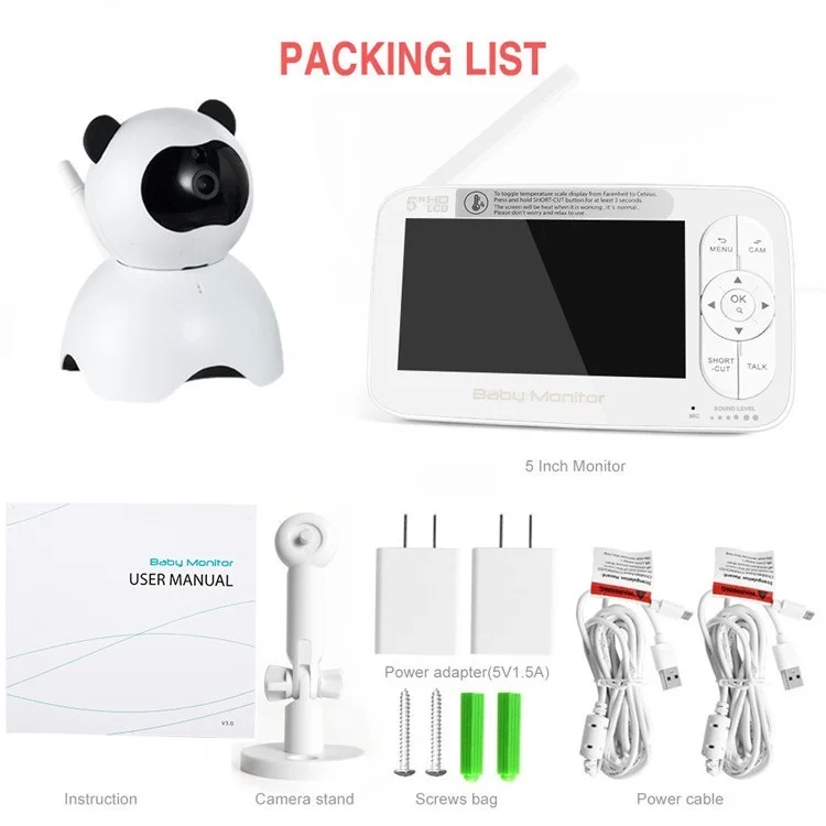 High Quality Two Way Audio Night Vision Sound Detection 5 inch HD Color Display 720P Video Baby Monitor with Camera and Audio