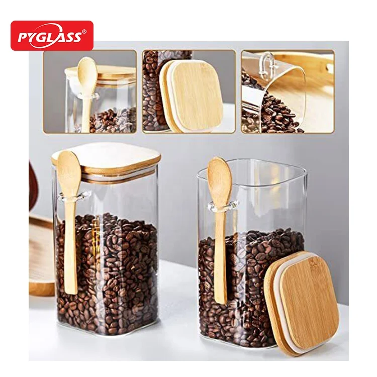 Square  Borosilicate Glass Food Spice Jar with Spoon,Glass Food Storage Containers for Coffee Beans,Tea Leaf and More