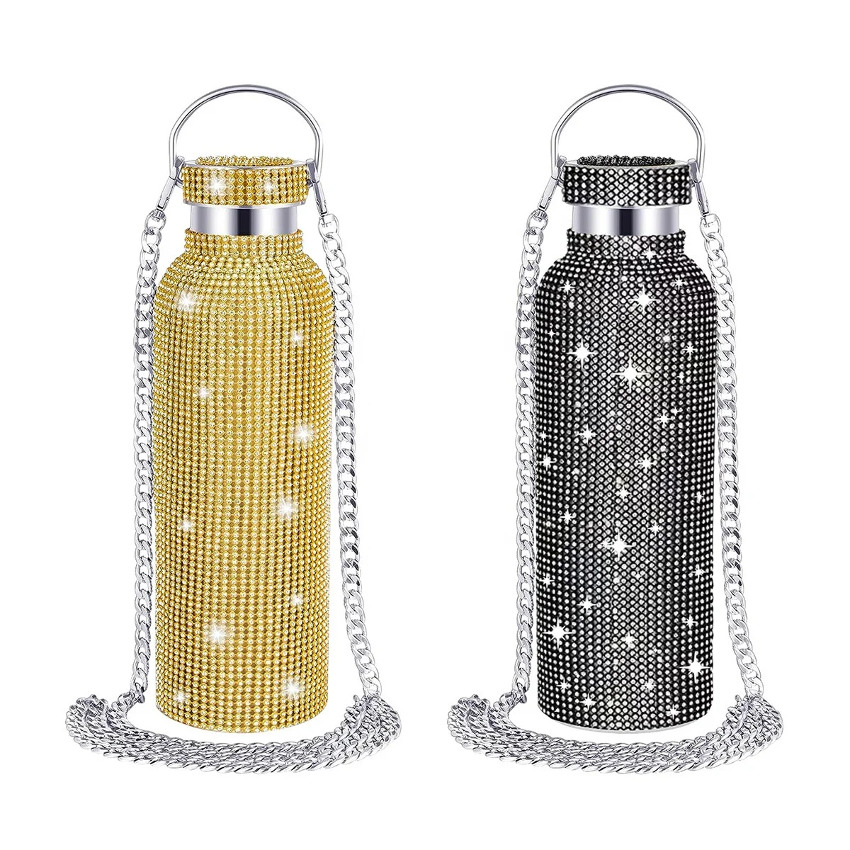 Diamond Water Bottle with Chain Bling Rhinestone Bottles Bulk Glitter Stainless Steel Water Bottle 600ml 20oz