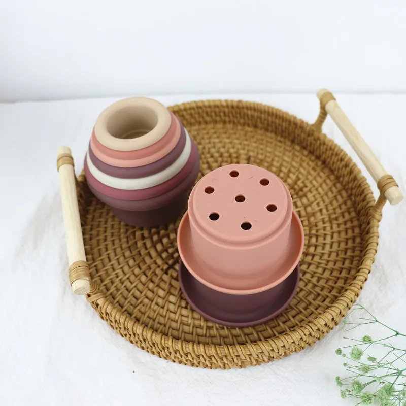 Dongguan factory soft rubber eco silicone toys 7pcs Stacking Cups montessori russian  Stacker Toy for baby kids