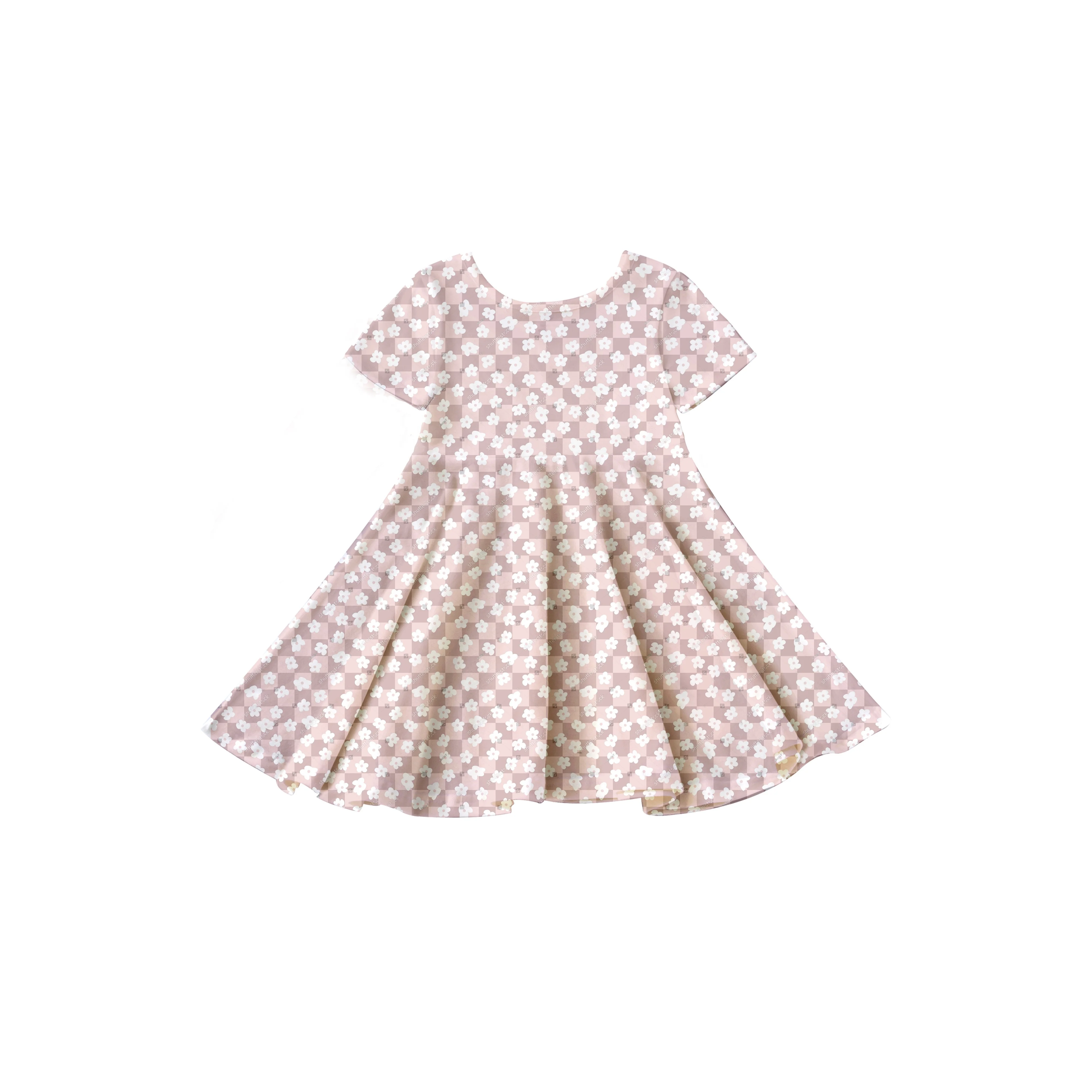 Girlymax Spring & Summer Pink Customized Floral Plaid Short Sleeve Twirl Knee Length Baby Girls Dresses