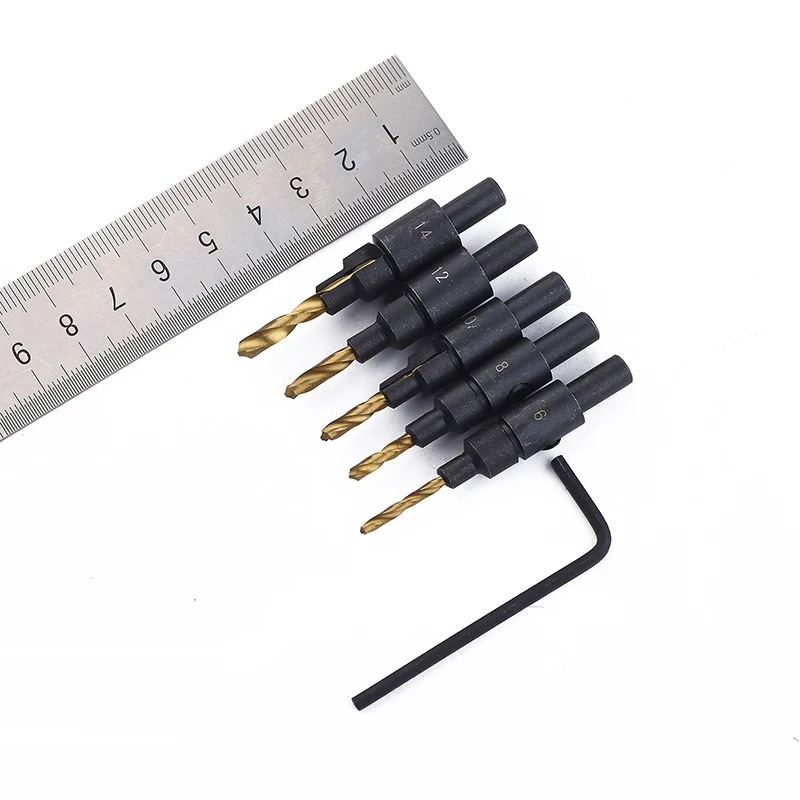 5 pcs Black and goldenWood Hole Saw Countersunk Drill Bit Sets High Speed Steel 10 Set in Hex Shank for Screw