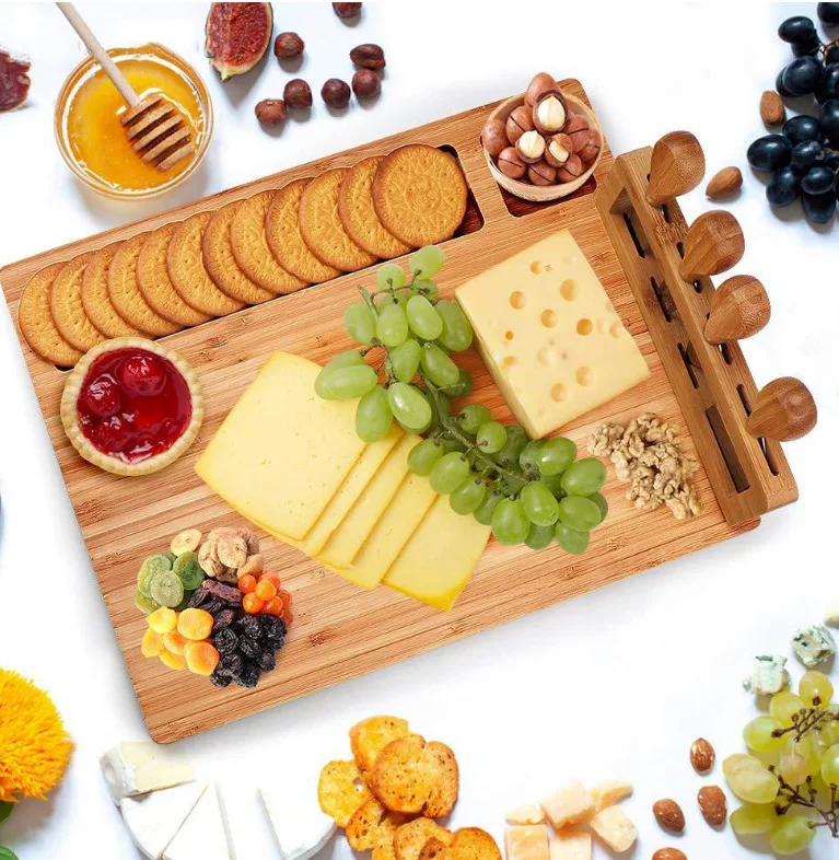 2022 EU & US top seller Large Bamboo Cheeses board and cheese Charcuterie wood plate Board Set with 4 Knives