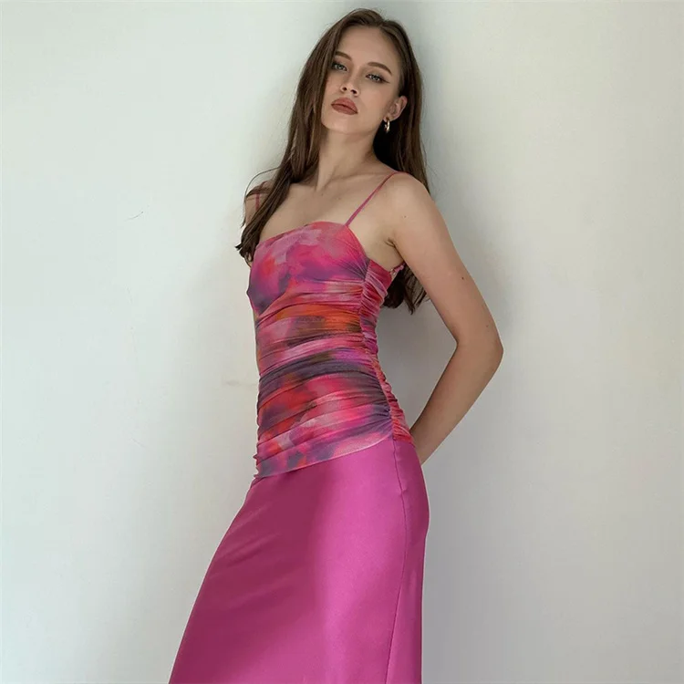 Women Summer Satin Slip Patchwork Mesh Maxi Dress Tie Dye Print Women Tube Bodycon Dress Retro Elegant Split Long Dresses