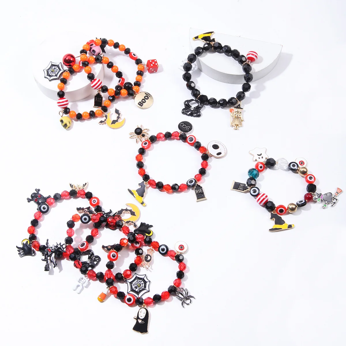 Bestone Funny Pumpkin Evil Eyes Chaem Bracelet Multi Color Crystal Beads Spider Pumpkin Bracelet Halloween Charm Bracelet