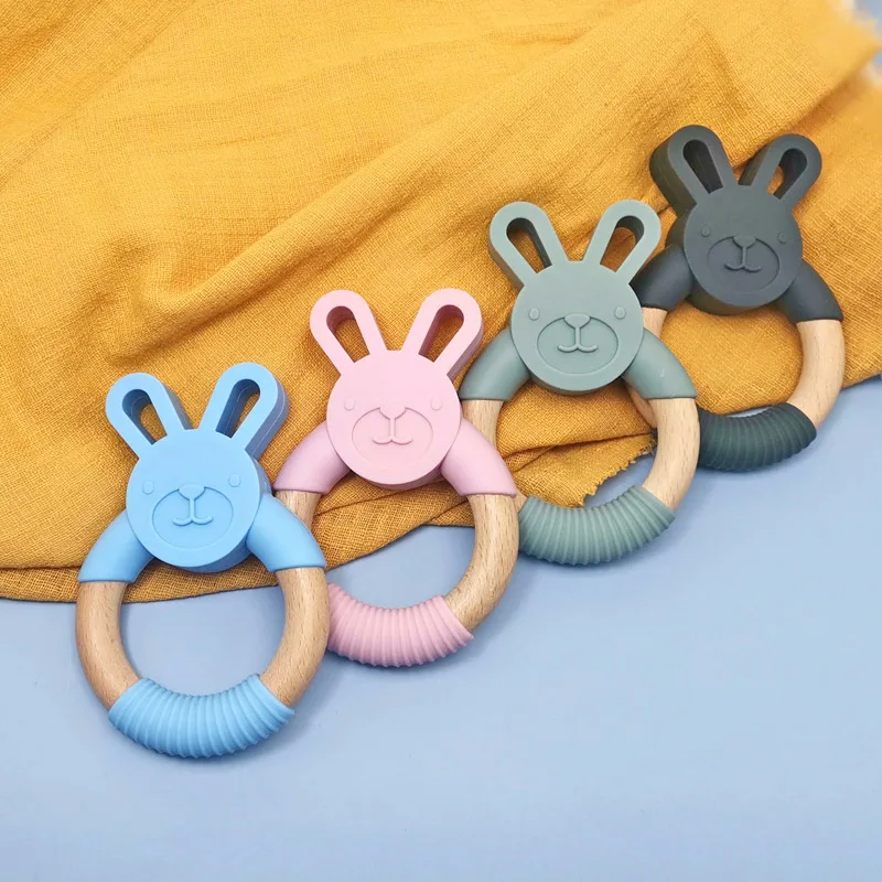 Custom Unique Infant Silicone Beech Wooden Chew Toy Teether for baby
