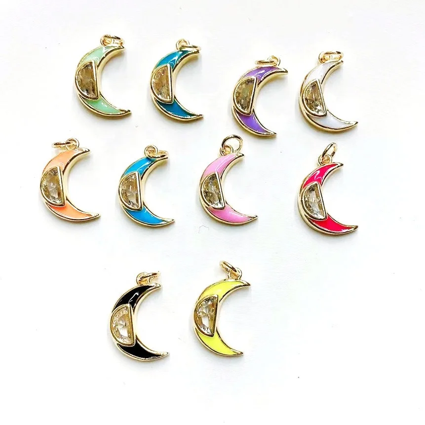 YJ-CZP363 modern design enamel DIY necklace jewelry pendant fashion copper gold plated micro pave crystal CZ moon charm pendant