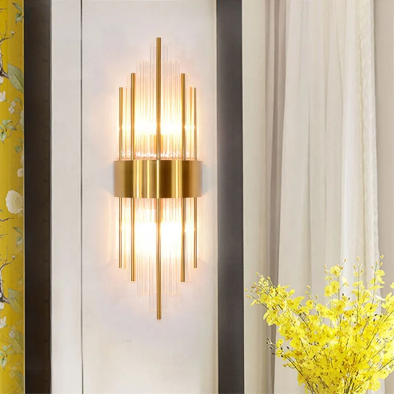 Post-Modern Gold Luxury Crystal Tube Sconce LED Wall Light with Glass Shade for Hotel Living Room Bedroom or Corridor