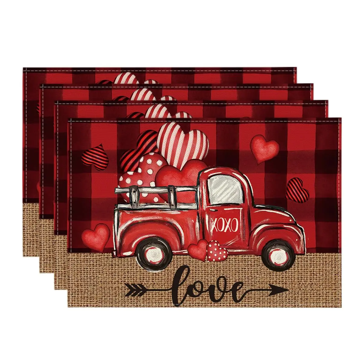 Watercolor Buffalo Plaid Hearts Truck Love Valentines Day Placemats Seasonal Spring Table Mats for Party Dining Decoration