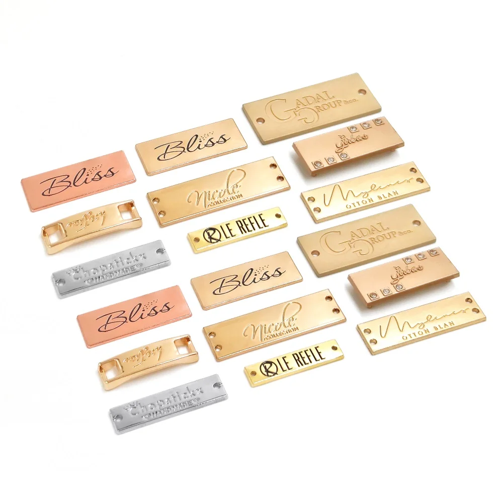 Garment accessories brand gold embossed hijab label tag custom metal plate logo screw on 0.5mm die cut metal logo for clothes
